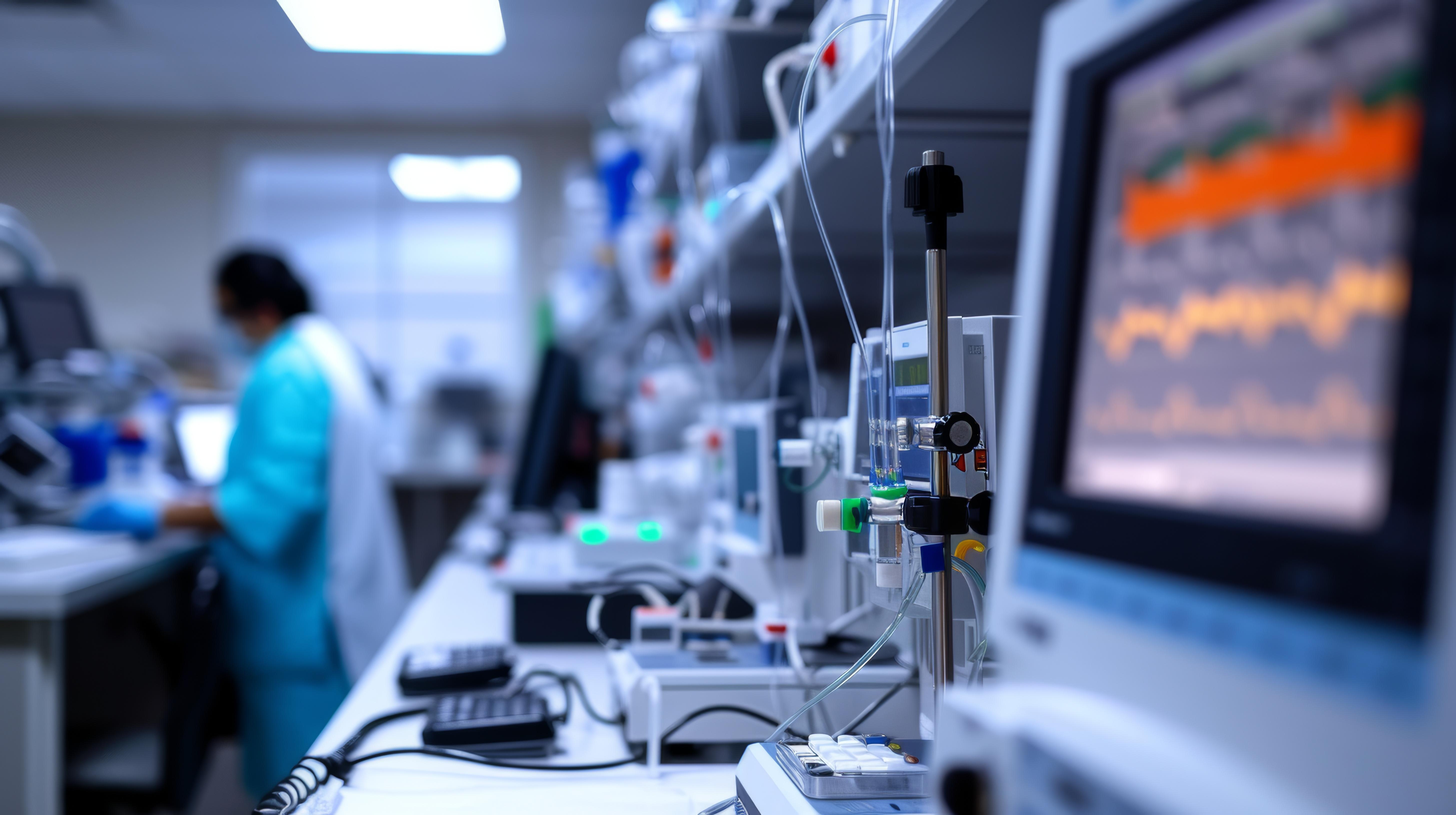 Biomedical engineering team calibrating and testing medical devices in a laboratory